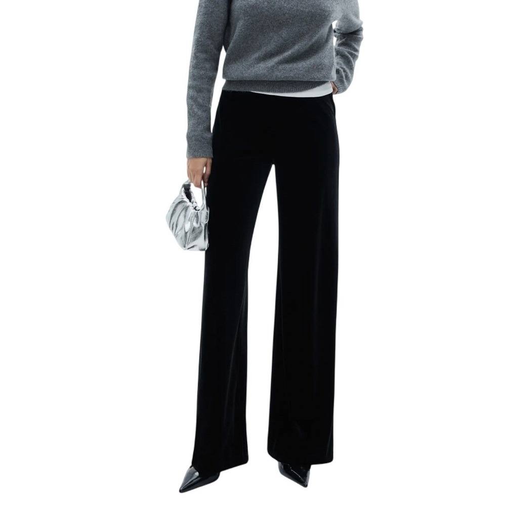 MNG Mango Navy Blue Velvet Pants Women's Straight Leg Pull On‎ Contemporary Chic